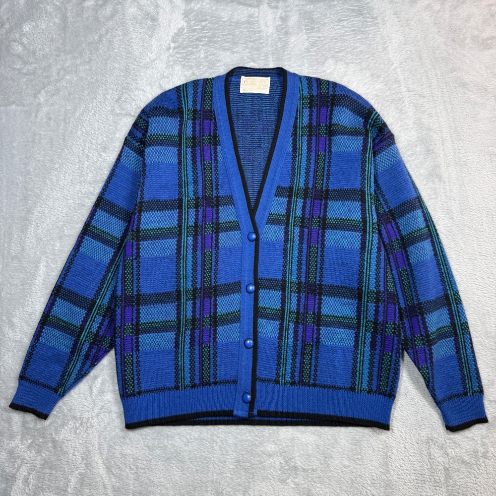 Vintage Pendleton Cardigan Sweater Mens Large Blue Plaid Wool Button Front 90s